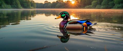 A duck floating on a lake at sunrise photo