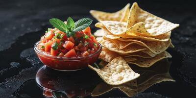 Fresh Tomato Salsa with Mint and Chips on Dark Surface. photo