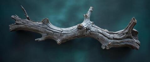 Weathered Driftwood Branch on Dark Teal Background. photo