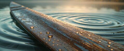 focus closely on textured surface of wooden oar glistening under soft morning sun while gentle ripples of clear water photo