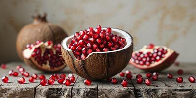 Close up of a coconut shell filled with pomegranate seeds on a wooden surface with a textured background photo