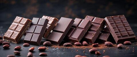 Assorted Dark Chocolate Bar Squares and Cocoa Beans on a Decorative Dark Background photo