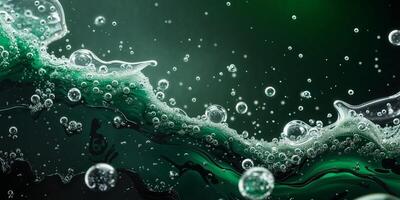 A flowing liquid with bubbles across a dark green background photo