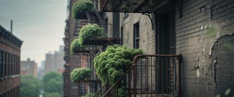 A quiet urban fire escape on a drab building holds scattered pud. photo
