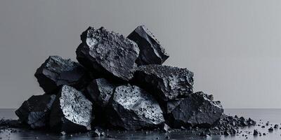 Cluster of rough black coal stones with uneven matte surface and sharp edges. photo