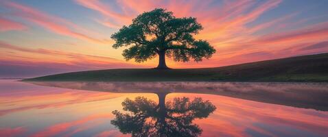 Lonely Tree at Sunset on a Hill with a Beautiful Sky Reflection. photo