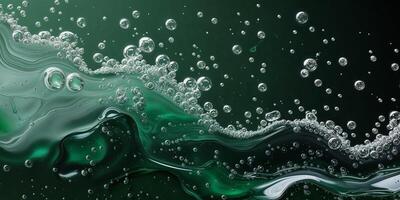Green liquid with bubbles on a black background photo