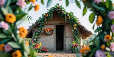A small hut with flowers and a wreath around it photo