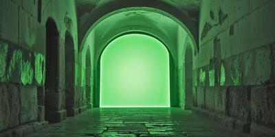 A green light is shining through a dark tunnel photo