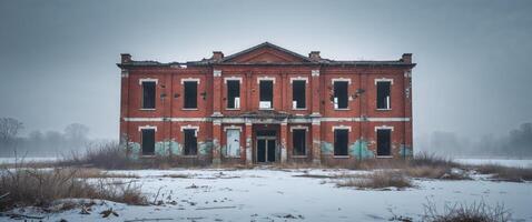 An abandoned building in the middle of a snowy field photo