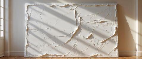 Large Textured White Canvas Art in a Sunlit Room with Wooden Floor photo