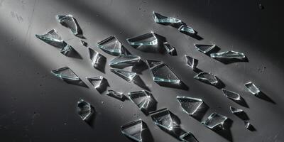 Pieces of shattered clear glass scattered across a dark charcoal background. photo