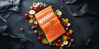 Overhead shot of fresh salmon with vegetables fruits and nuts on a dark textured background. photo