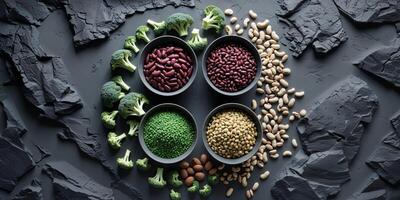 Overhead view of bowls filled with broccoli beans lentils and nuts on a dark textured surface. photo