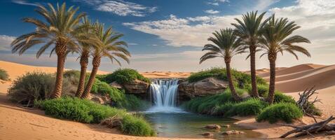 Discovering a Desert Oasis Palm Trees and Waterfall in Sandy Dunes. photo