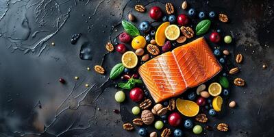 Overhead shot of fresh salmon with vegetables fruits and nuts on a dark textured background photo