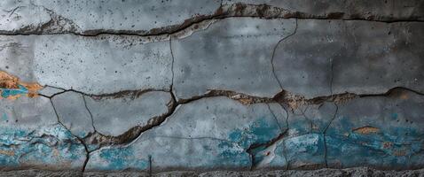 Weathered concrete wall with texture and cracks creates a rustic and industrial aesthetic in a gray color palette. photo
