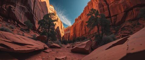Majestic Red Rock Canyon with Light Beam Illuminating Depths photo