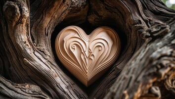 Intricate wooden heart carved in aged tree trunk symbolizing enduring affection photo