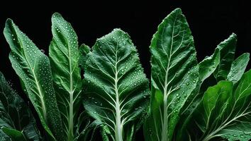 Fresh Green Leafy Vegetables with Dew Drops on a Black Background photo