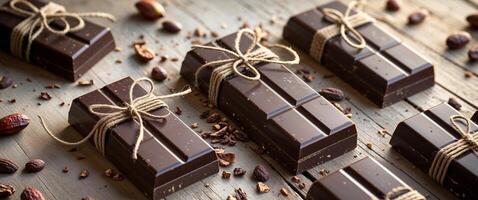 Artisan Chocolate Bars Wrapped with Twine and Displayed with Cocoa Nibs and Beans photo
