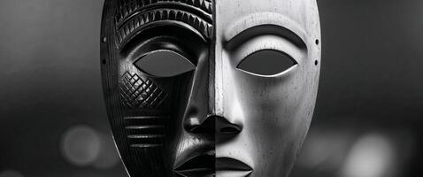 Wooden mask representing duality with half face light and half dark. photo
