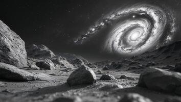 Cosmic swirl breathtaking view of galaxy from rocky alien landscape photo