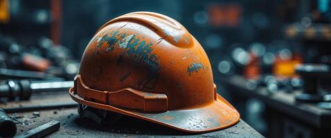 Worn orange hard hat resting on a workbench in a workshop setting photo