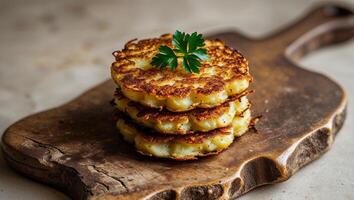 stack of golden pan fried potato cakes sit on rustic wooden board garnished with sprig of parsley photo