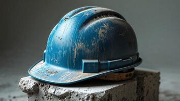 Worn blue hard hat resting on block showing signs of wear and tear from construction work photo