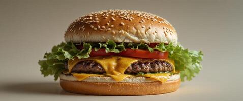 A cheeseburger is shown on a white background photo