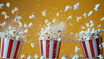 Three red and white striped popcorn buckets with popcorn flying out photo