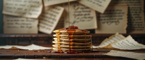 A stack of pancakes with syrup and syrup drips on top photo