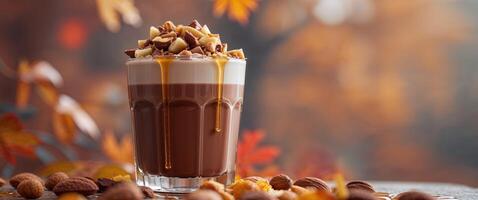 Cozy autumn setting featuring a rich chocolate drink topped with nuts and syrup. photo