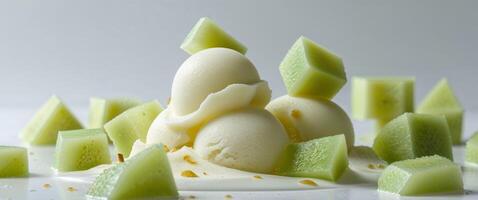 Delight Your Senses with Honeydew Melon Sorbet Featuring Visible Melon Chunks for Refreshing Summer Indulgence. photo