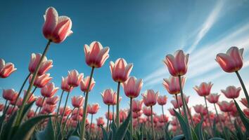 A field of pink tulips with blue sky in the background photo