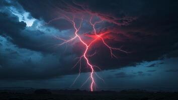 Lightning striking over a dark sky with a red light photo