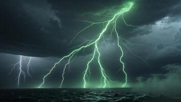 Lightning over the ocean with green lightning photo