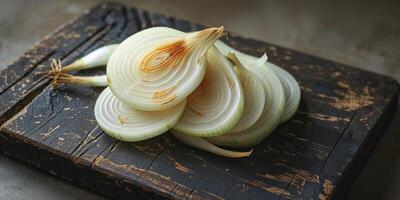 Sliced fresh onions resting on rustic wooden cutting board photo