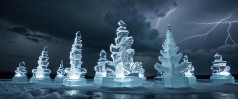 Ice Sculptures Illuminated During Thunderstorm photo