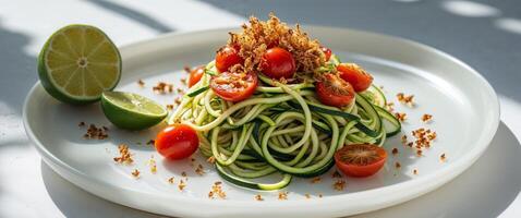 Delicious and Fresh Zucchini Noodles with Cherry Tomatoes and Crunchy Topping served on a White Plate with a Lime Slice on the Side photo