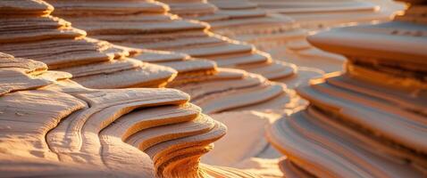 Serene sandstone formations with flowing lines creating a natural abstract landscape in golden light and warm tones. photo