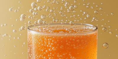 Effervescent Orange Drink In Clear Glass With Bubbles On Solid Yellow Backdrop Macro View photo