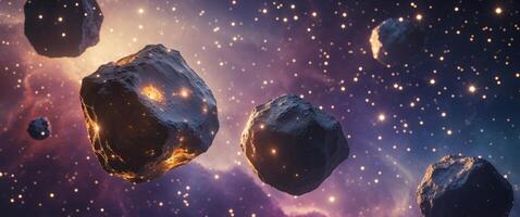 Dramatic asteroids floating in a cosmic nebula with bright stars and deep space exploration concept and golden light photo
