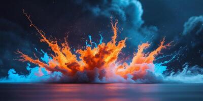 Dramatic Splash of Blue and Orange Energy on a Dark Cosmic Backdrop photo