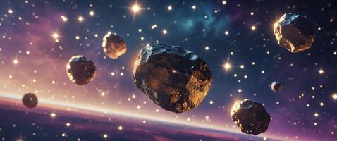 Dramatic asteroids floating in a cosmic nebula with bright stars and deep space exploration concept and golden light. photo