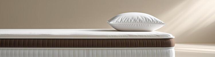 A white and brown mattress with a white pillow. photo