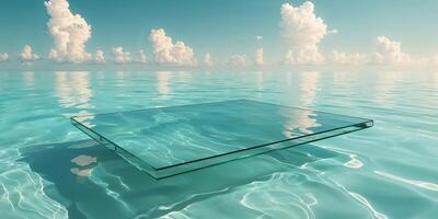 A glass table floating in the ocean with clouds in the background photo