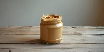 A jar of peanut butter sitting on a wooden table photo