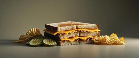 A sandwich with cheese and pickles on a table photo